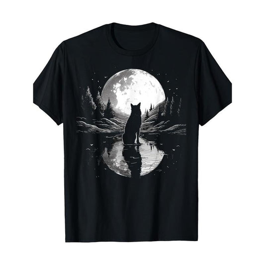 Wolf Looking Moon On River For Lover Wolves Wildlife Animal T-Shirt Made in USA