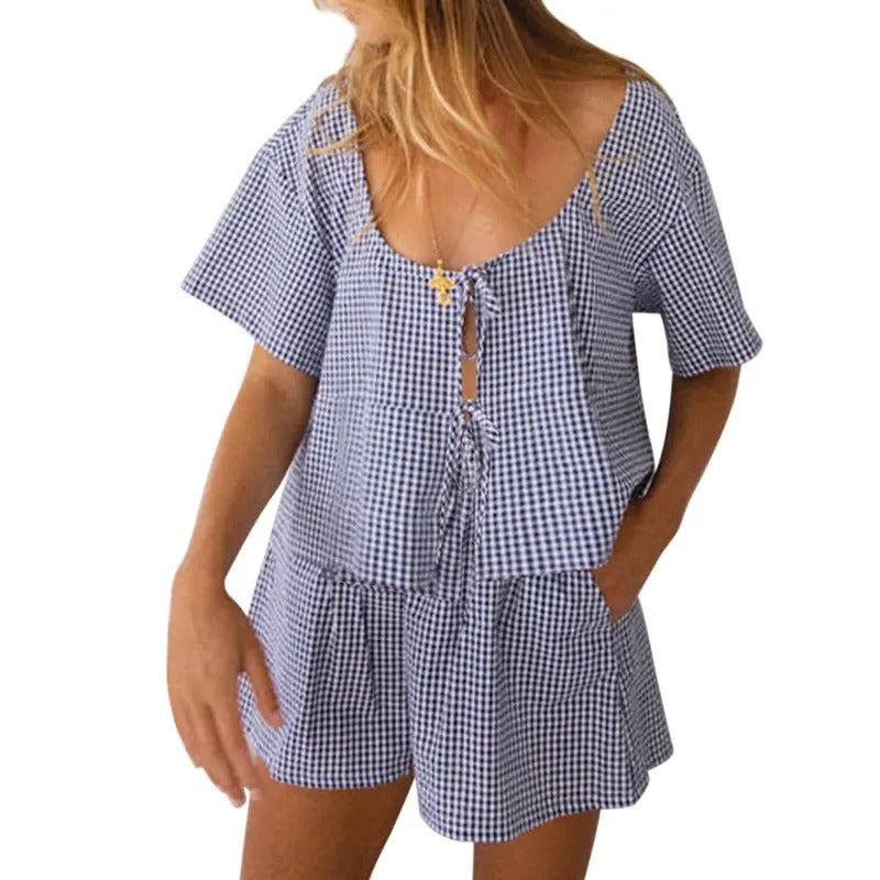 Women 2 Piece Outfits Plaid Print Tie Front Short Sleeve T-Shirt and Elastic Shorts Club Streetwear Fashion Clothes Casual Comfort