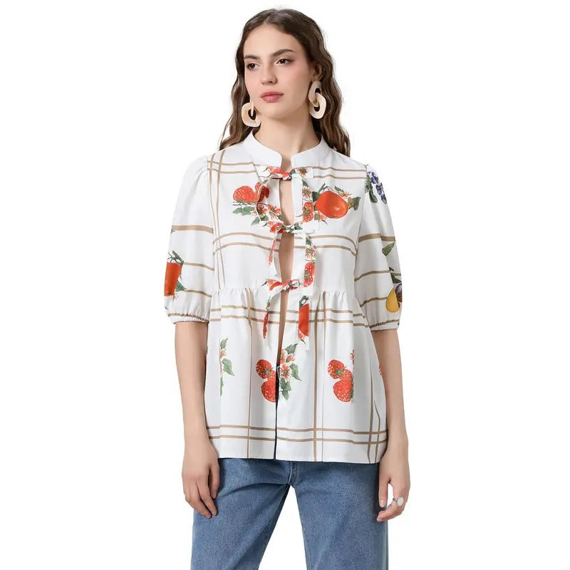 Women Basic T-Shirt Casual Summer Fruit Print Tie Front Short Sleeve Tops for Streetwear Aesthetic Grunge Clothes Womenswear Cute