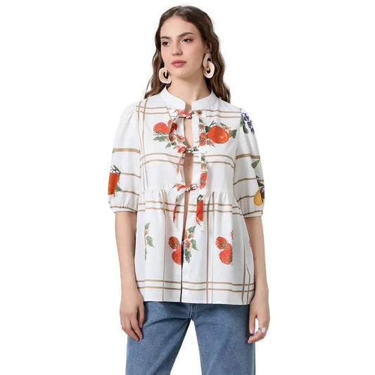 Women Basic T-Shirt Casual Summer Fruit Print Tie Front Short Sleeve Tops for Streetwear Aesthetic Grunge Clothes Womenswear Cute