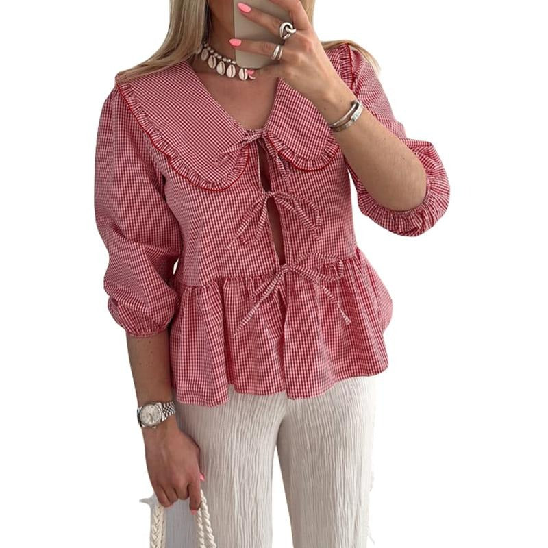 Women Blouse, Elegant Half Sleeve Doll Collar Tie-up Plaid Tops Summer T-shirt Streetwear for Casual Daily Cotton...