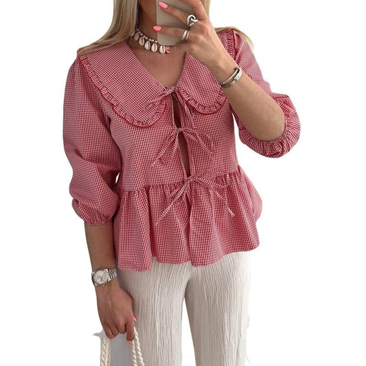 Women Blouse, Elegant Half Sleeve Doll Collar Tie-up Plaid Tops Summer T-shirt Streetwear for Casual Daily Cotton...