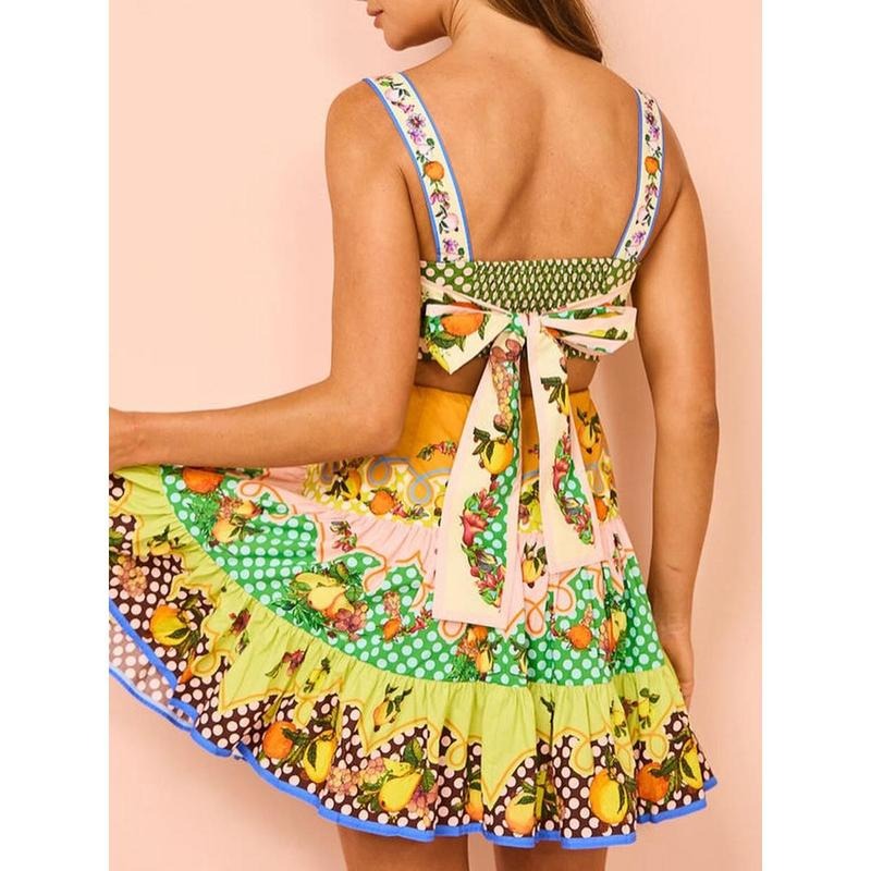 Women Boho Graphic Mini Cami Dress Spaghetti Strap Sleeveless Cartoon Floral Back Bow Flowy Short Sundress Summer Holiday Beach Dress