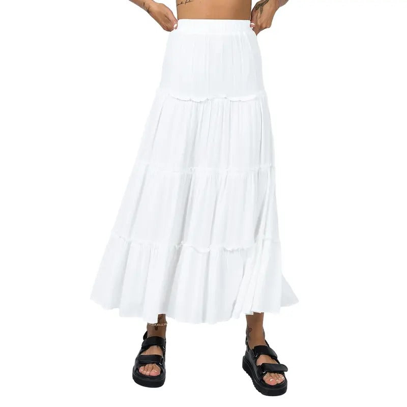 Women Boho Maxi Skirt Solid Color Elastic High Waist Tiered Ruffle Hem Loose A-Line Big Swing Flowy Long Skirts Summer Beach Streetwear