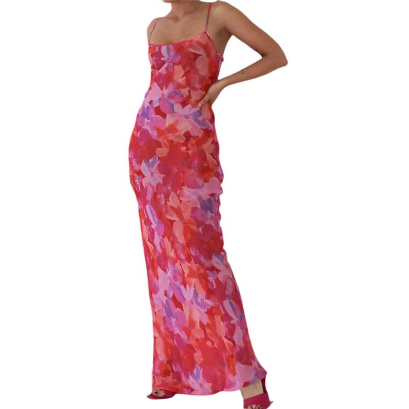 Women Cami Dress Floral Print Slip Dress Sleeveless Backless Dress Long Bodycon Dress Party Dress Formal Polyester