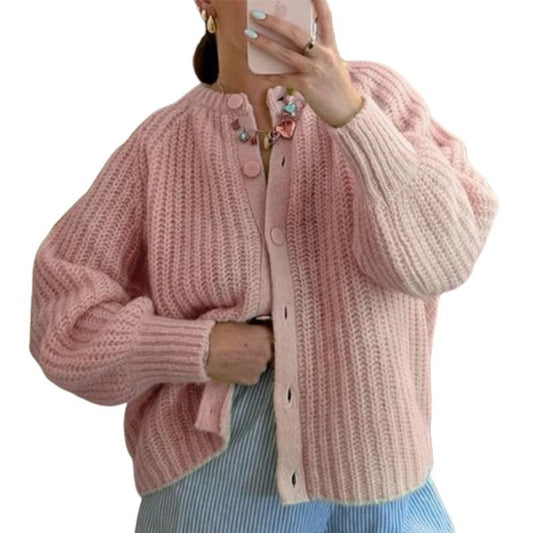 Women Casual Cardigan Sweater Long Sleeve Button Down Crewneck Open Front Loose Knitted Outwear Top Y2k Girls Top