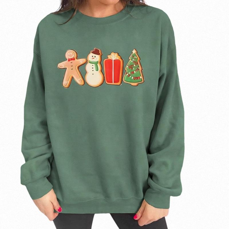 Women Christmas Gingerbread Sweatshirts Snowman Cute Long Sleeve Crewneck Shirts Xmas Gift Pullover Holidays Tops Cotton Fabric