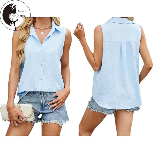 Women Collared Tank Tops Loose Solid Color Sleeveless Button-down Chiffon Vest Causal Summer Streetwear