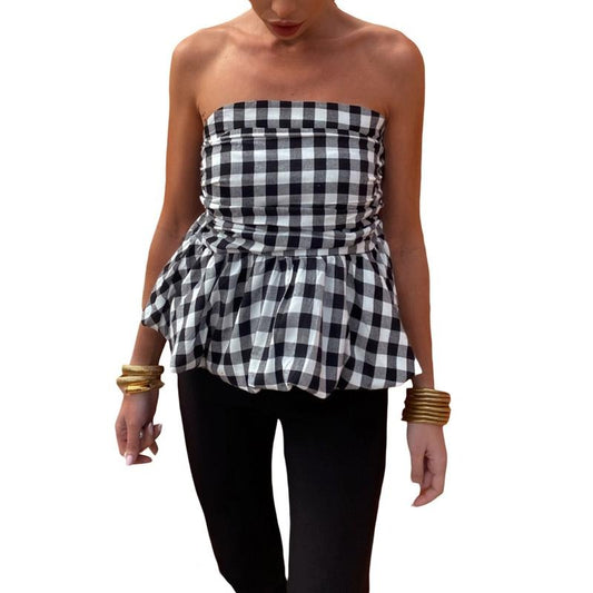 Women Cute Peplum Tube Tops Summer Y2k Bubble Ruffle Hem Backless Sleeveless Plaid Print Bandeau Vest Shirts Sexy Off Shoulder Puffy Pleated Bustier Tops Streetwear