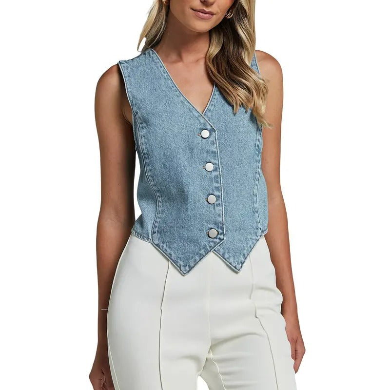 Women Denim Vest, Sleeveless Button Closure Solid Outwear Gilet for Casual Street Cotton Womenswear T-Shirts, Hoodie,...