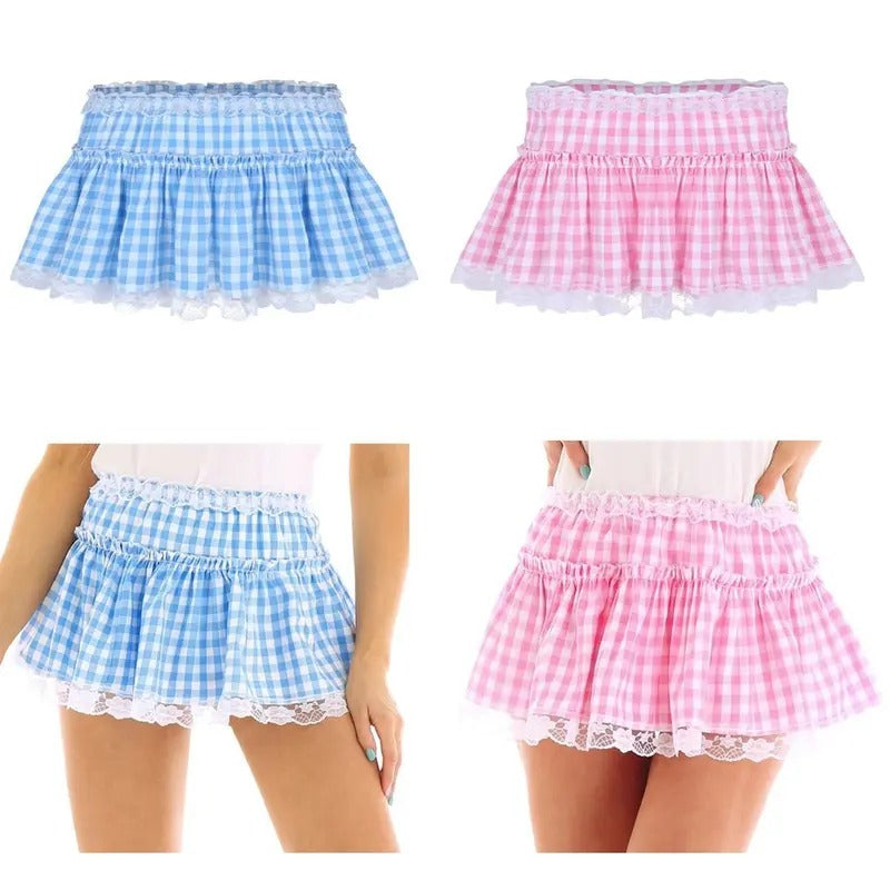 Women Dorothy Skirt Sissy Gingham Mini Skirt Y2k Pleated A Line Skirt Lace Layered Ruffle Skirt Party Costume