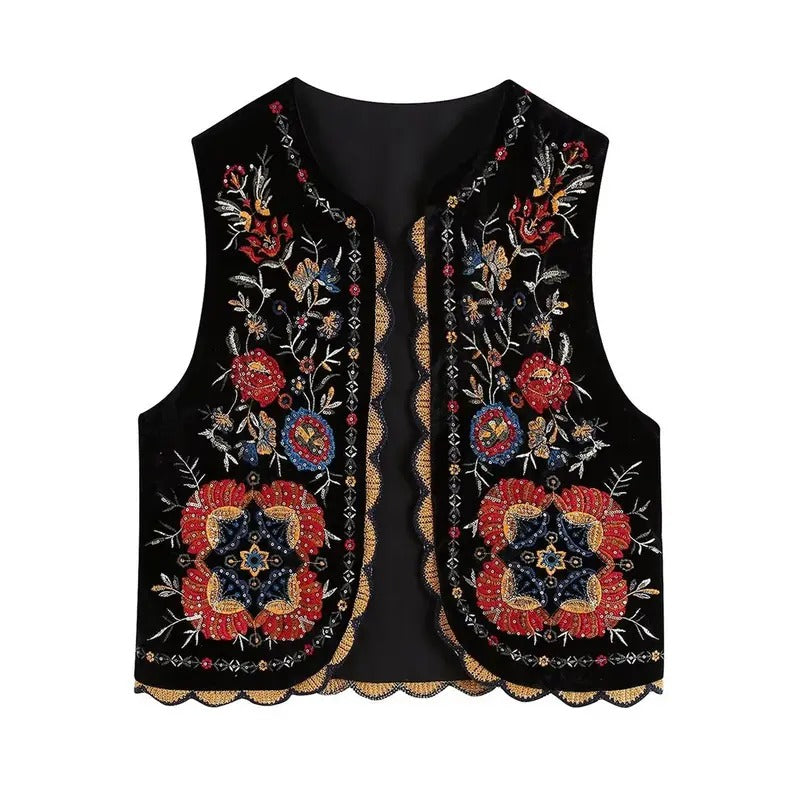 Women Embroidered Floral Vest Y2K Sleeveless Open Front Crop Flower Outwear Vintage Casual Boho Crochet Vests Cardigan Blouse