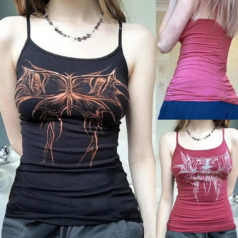 Women Fashion Wild Gothic Camisole Graphic Print Sleeveless Sling Tank Tops Summer Backless Punk Vests Streetwear Light Womenswear