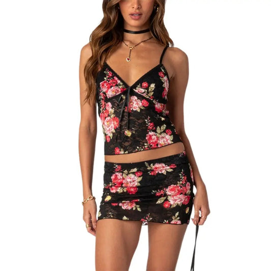 Women Floral Lace Outfit V Neck Spaghetti Strap Crop Tops Mini Skirt 2 Piece Set for Party Club