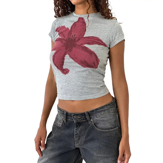 Women Flower Graphic Baby Tees Vintage Cute Aesthetic Short Sleeve Crew Neck Tops Y2K Floral Printed 90s Crop Top Summer Cropped T Shirt