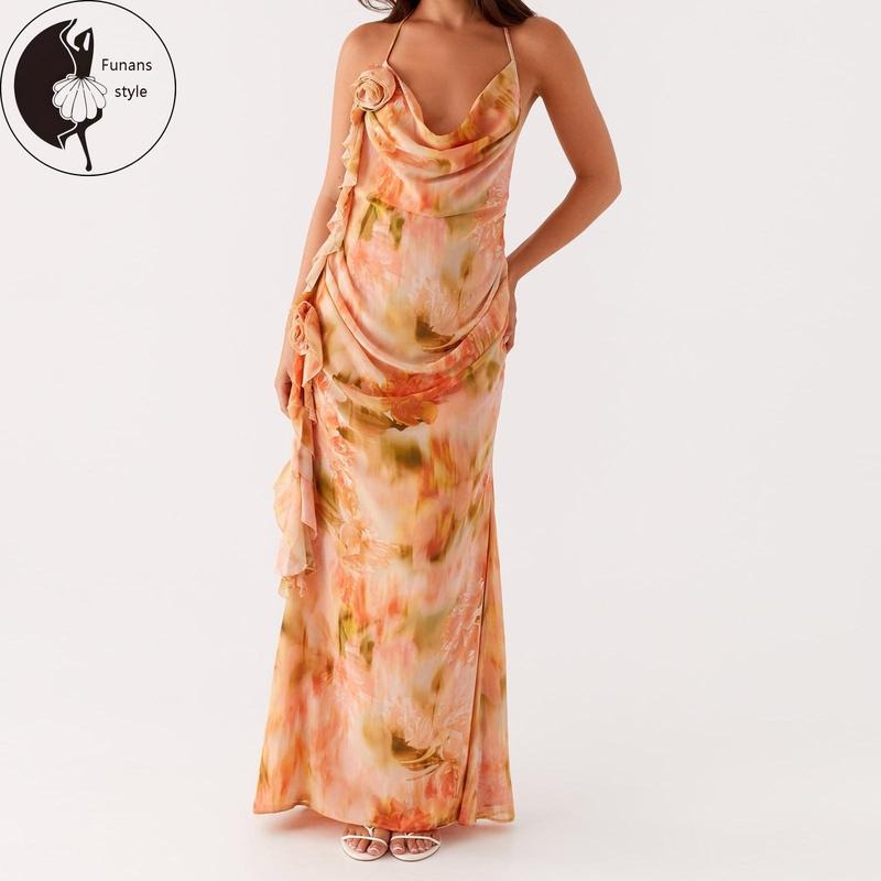 Women Flower Halter Neck DressRuffle Trim Sleeveless Open Back Long Bodycon Dress for Party Club