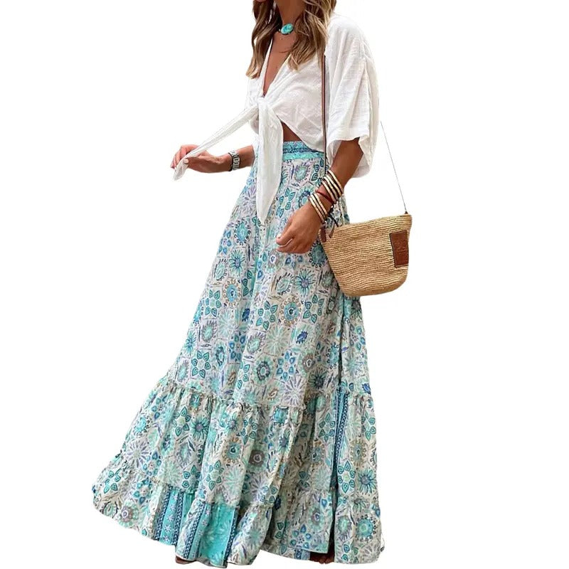 Women Flowy Boho Skirt Printed Ruffled Hem Summer Casual Skirt for Beach Vacation Club Streetwear Aesthetic Clothes...