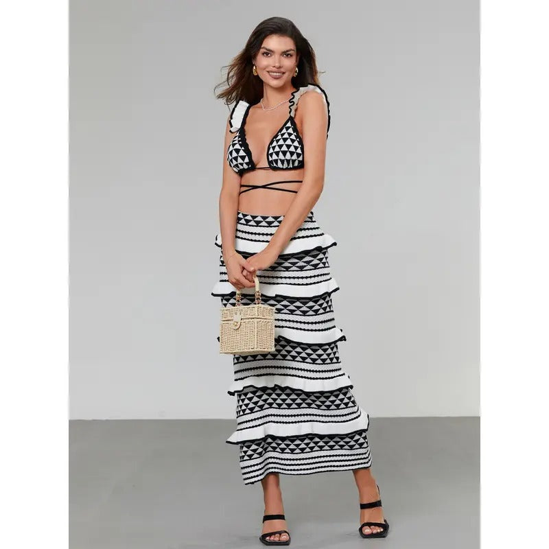 Women Knitted Summer Outfits Tie Waist Tank Tops Bra and Elastic Layered Ruffles Skirt Set for Streetwear Casual Fashion