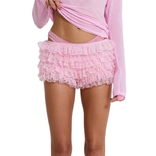 Women Lace Bloomers Shorts Y2k Girls Layered Ruffles Pj Bottoms Elastic Short Mini Pants Sexy Pajamas Shorts Party Streetwear