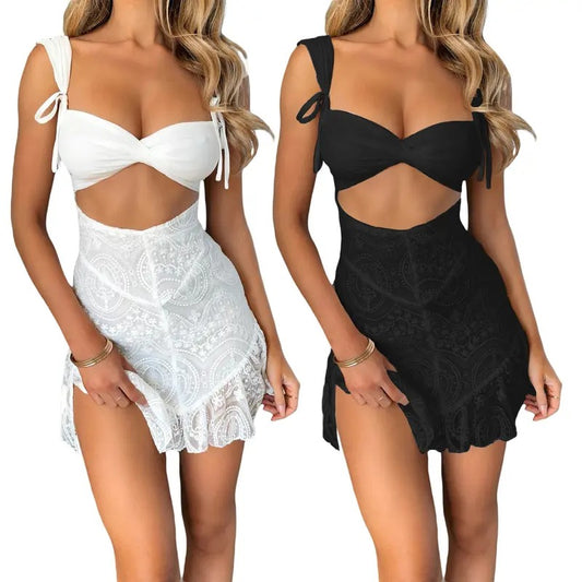 Women Lace Hollow Mini Dress Y2k Spaghetti Strap Sleeveless Twist Embroidered  Ruffle Hem A-Line  Short Dress Summer Cocktail Bodycon Dress