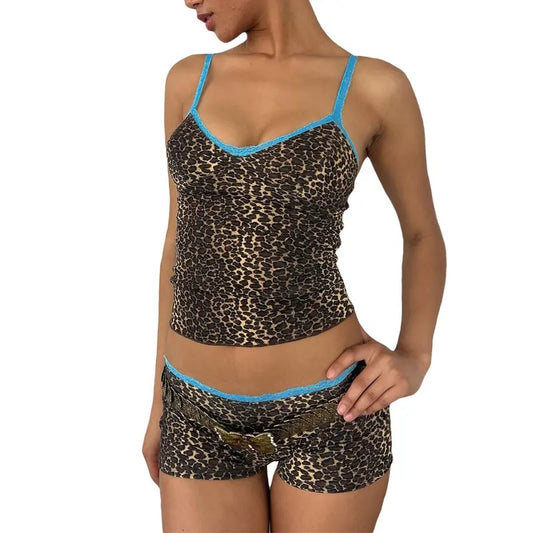 Women Leopard Print 2 Piece Shorts Set Spaghetti Strap V Neck Cami Top with Shorts Pajamas Loungewear Set Y2k Sexy Outfits Set
