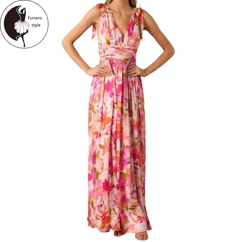 Women Long Dress Floral Print V-Neck Tie-Up Shoulder Sleeveless Dress Summer Fashion Casual Dress