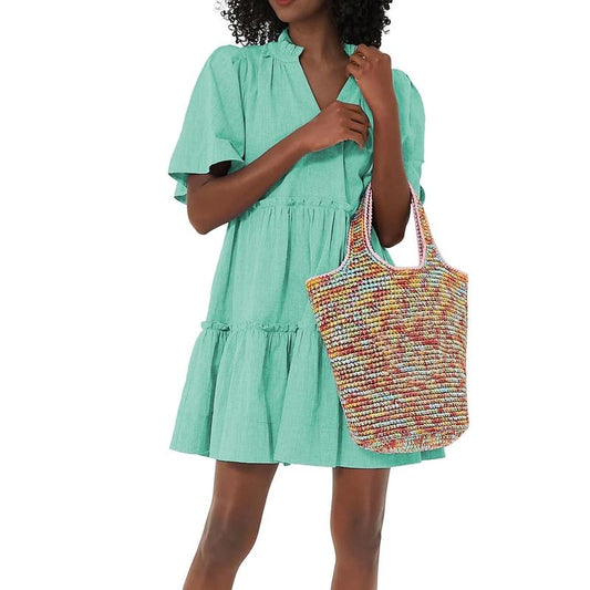 Women Mini Dress Short Sleeve V Neck Pleated Solid A-line Dress Summer Dress for Casual Daily Light Polyester