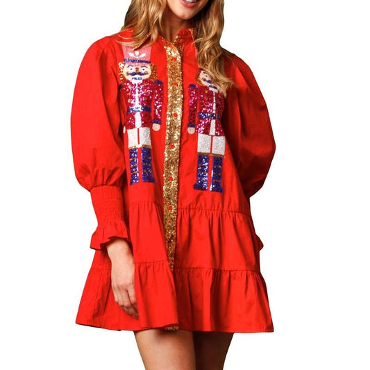 Women Mini Dress, Long Sleeve Turn-down Collar Sequins Button Closure Casual Dress Fall Dress