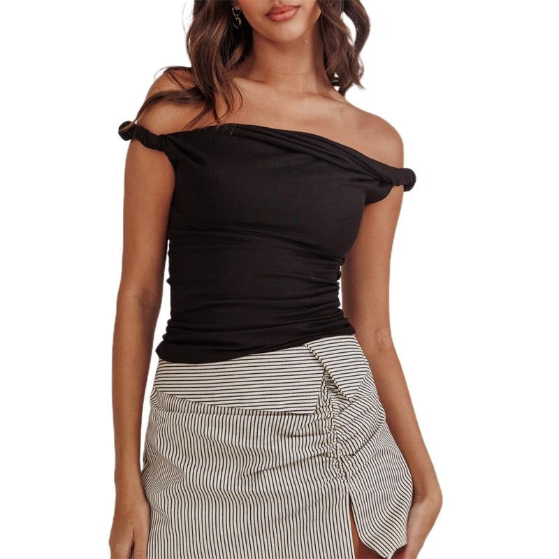 Women Off Shoulder Tops Solid Color Boat Neck Casual T-Shirts Summer Slim Fit Shirts Streetwear Cotton Womenswear Hoodie,...