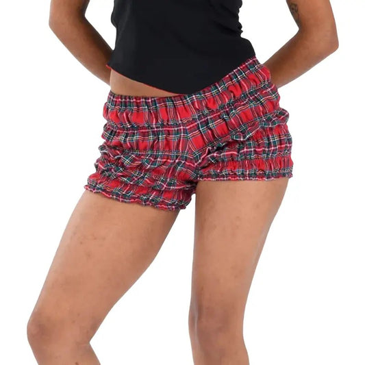 Women Plaid Smocked Boxers Shorts Y2k Gingham Low Rise Frill Tiered Ruched Slim Pajama Micro Short Pants Lolita Bloomers Streetwear