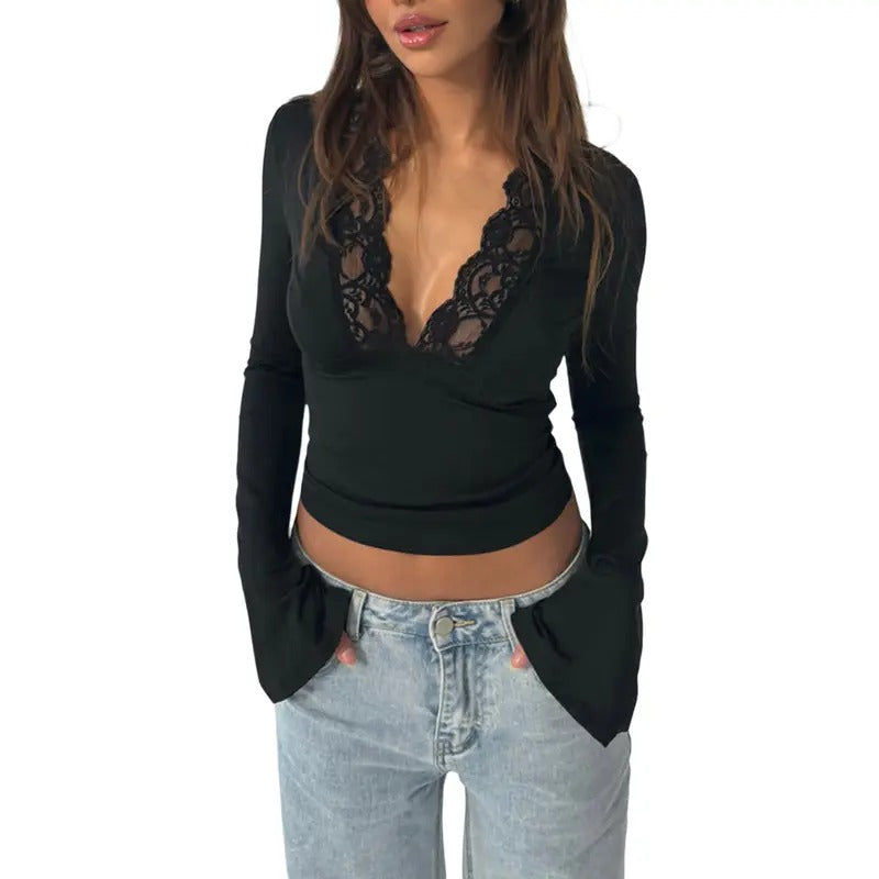 Women Sexy Deep V-neck Lace Shirt Long Sleeve Going Out Tops Y2k Low CutFitted Bell Sleeve Shirt Crop Tops