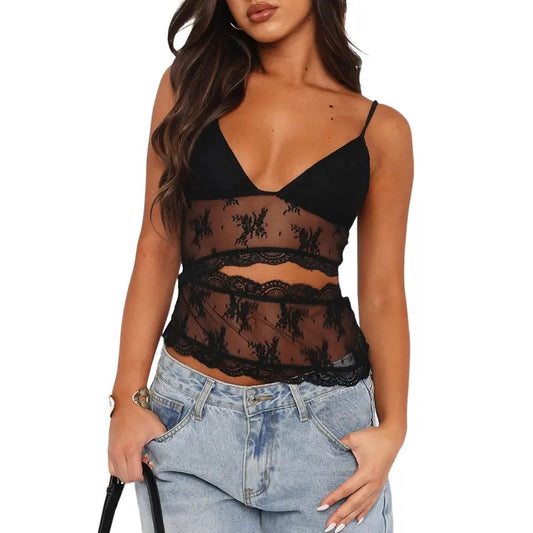 Women Sexy Lace Cami Tops Sleeveless Hollow out Crop Top Y2k Going out Shirt See Through Summer Shirt Party Streetwear