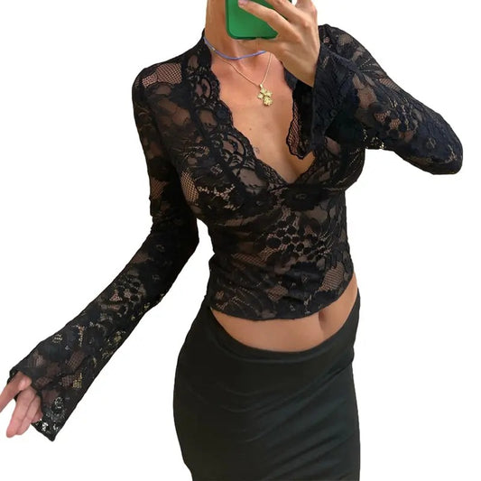Women Sexy Long Sleeve Lace Shirt Deep V-NeckSitted T-shirt Skinny Sheer Shirt See Through Shirt Y2k Going out Crop Tops