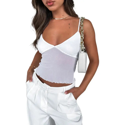 Women Sexy Mesh Camisole Y2k Sleeveless Backless Spaghetti Straps V-Neck Tulle Patchwork Slim Fit Strappy Crop Top Summer Solid Color Club Streetwear