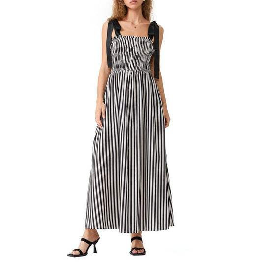 Women Sexy Tie Shoulder Maxi Dress Sleeveless Striped Ruched Maxi Dress Y2k Color Block Long Dress Party Streetwear