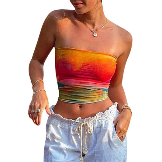 Women Sexy Tube Top Y2k Girls Cute Bandeau Top Sleeveless Tie Dye Slim Fitted Crop Top Party Streetwear