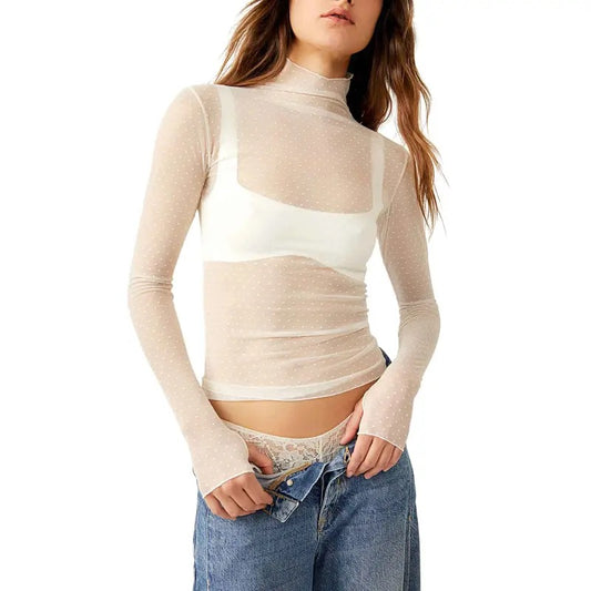 Women Sheer Mesh Crop Tops Y2K Long Sleeve Turtleneck Swiss Dots See-through Solid Color Slim Fit T-Shirt See Through Lace Mock Neck Layering Blouse Clubwear