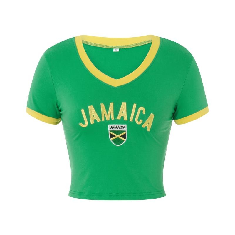 Women Short Sleeve Crop Tops Letter Print Contrast Color Crew Neck T-Shirts Summer Slim Fit Shirts Streetwear Womenswear Check