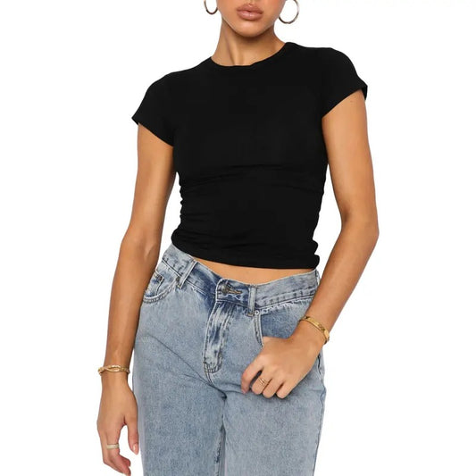 Women Short Sleeve Crop Tops Sexy Crew Neck Solid Color Basic Undershirts Y2k Slim Fitted Going Out Layer T-Shirt