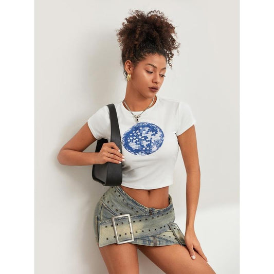 Women Short Sleeve T-Shirts Disco Ball Print Round Neck Shirts Summer Casual Slim Fit Tops Streetwear Womenswear Check...