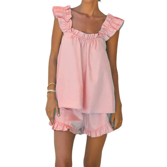 Women Shorts Pajama Set Y2K Sleeveless Backless Ruffle Trim Flowy Babydoll Camisole Matching Boxer Shorts Pjs Set 2 Piece Solid Color Lounge Suit