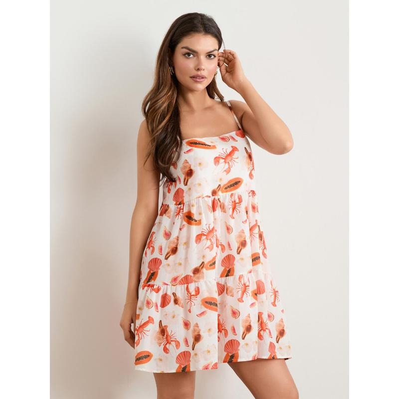 Women Sleeveless Dress Summer Tie Straps Crab Print Backless A-Line Mini Party Dress for Vacation Beach Streetwear Casual Cotton Fashion Polyester