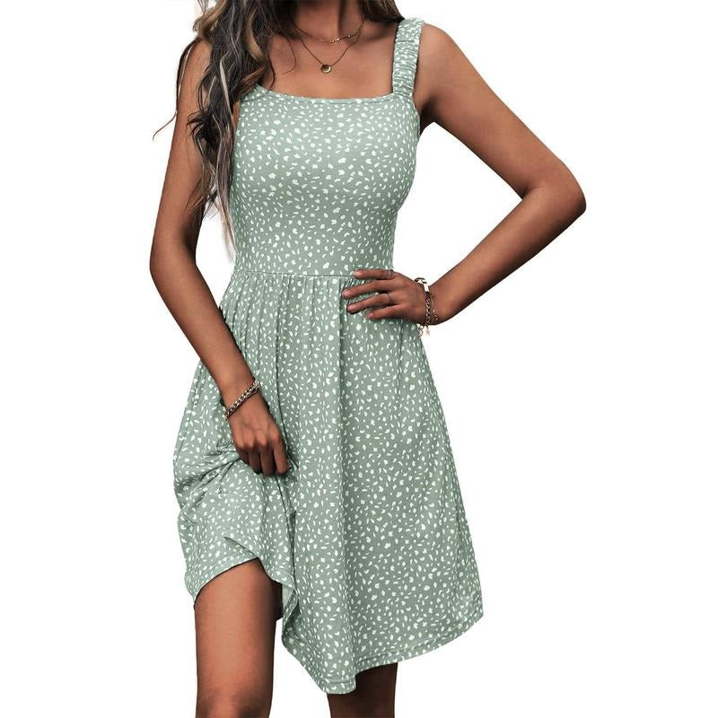 Women Slip Dress, Sleeveless Square Neck Floral A-line Dress Summer Mini Dress for Casual Daily Light Womenswear