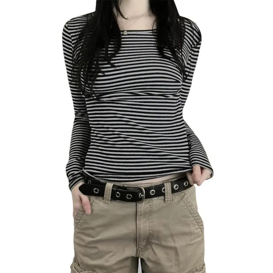 Women Striped Long Sleeve Tee Shirt Long Sleeve Crew Neck Slim Fit Crop Tops Y2K Casual Daily Color Block Pullover Blouse