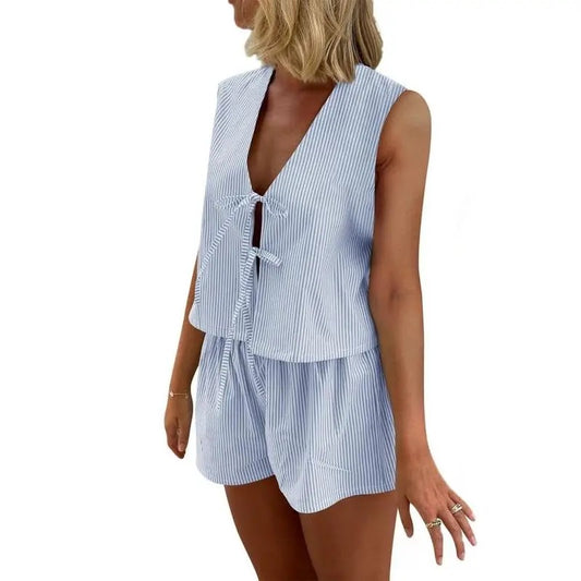 Women Striped Lounge Set Y2k 2 Piece Outfits Set Sleeveless Tie Front Tank Top Vest Striped Shorts Pj Set Loungewear Set Pajamas Set