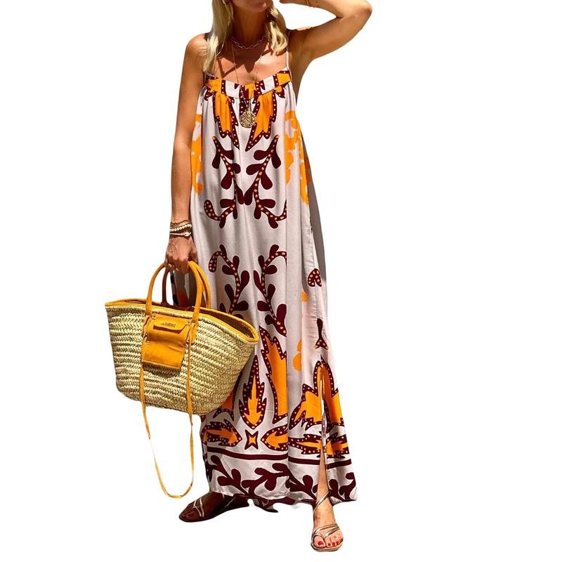 Women Summer Casual Long Dress Graphic Print Spaghetti Strap Backless Sleeveless Cami Maxi Dress Loose Fit Tie-Up Holiday Beach Vacation Dress