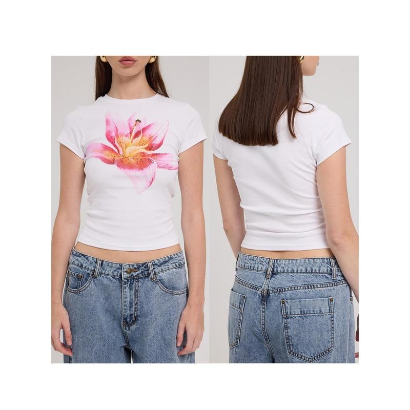 Women T-shirt, Crew Neck Short Sleeve Flower Print Slim Fit Summer Tops for Casual Daily Light Womenswear Hoodie, Sweatshirt
