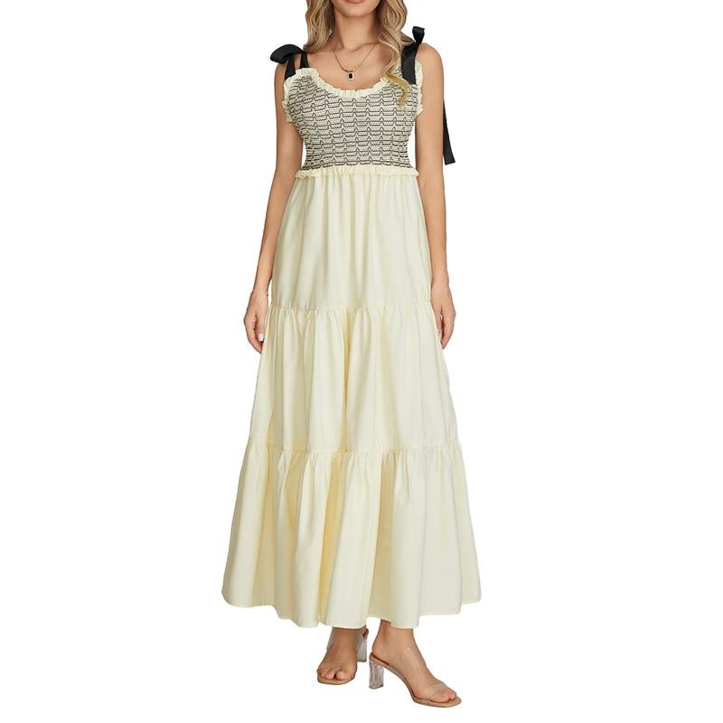 Women Tie Shoulder Maxi Dress Boho V-Neck Sleeveless Smocked Shirred Flowy Tiered A Line Long Dresses Y2k Summer Beach Vocation Sundress