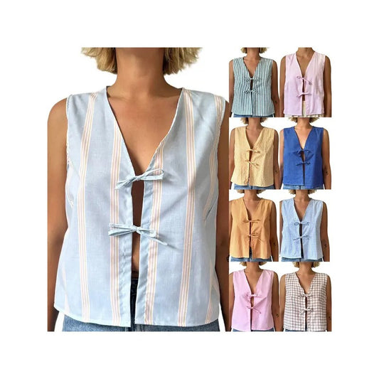 Women Tie front Tank Top Vest Sleeveless V-Neck Plaid Printing Crop Top Y2k Girls Summer Cami Top Streetwear