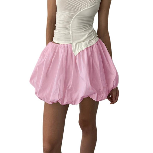 Women Y2K Bubble Mini Skirt Elastic High Waist Pleated Ruffle Flared Lantern Short Skirts Solid Color Summer A-Line Puffball Skirt Streetwear